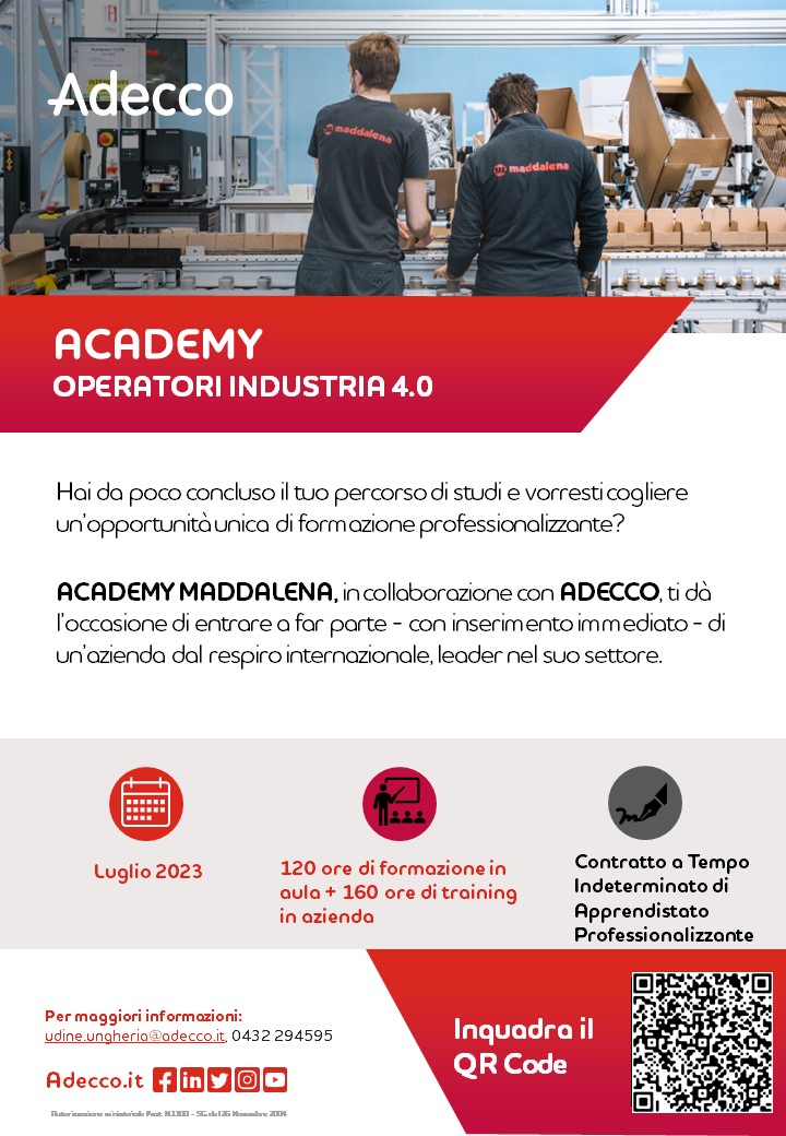 Formazione Professionalizzante - Accademy Operatori Industria 4.0 - Adecco Udine